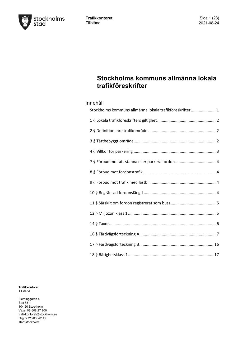 Samlad Förteckning Över Allmänna Lokala Trafikföreskrifter