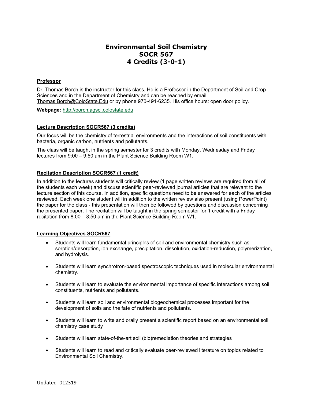 Environmental Soil Chemistry SOCR 567 4 Credits (3-0-1)