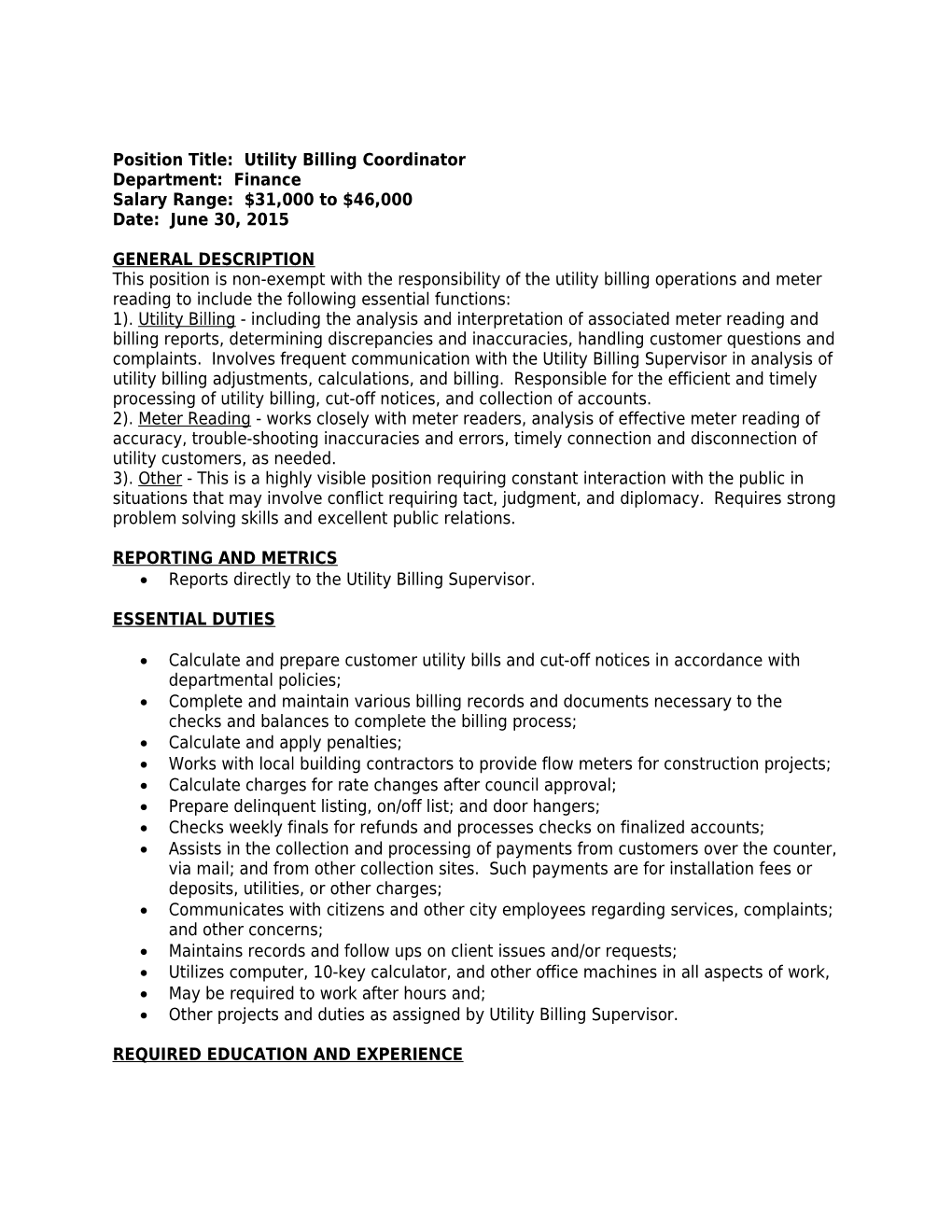 Position Title: Utility Billing Coordinator