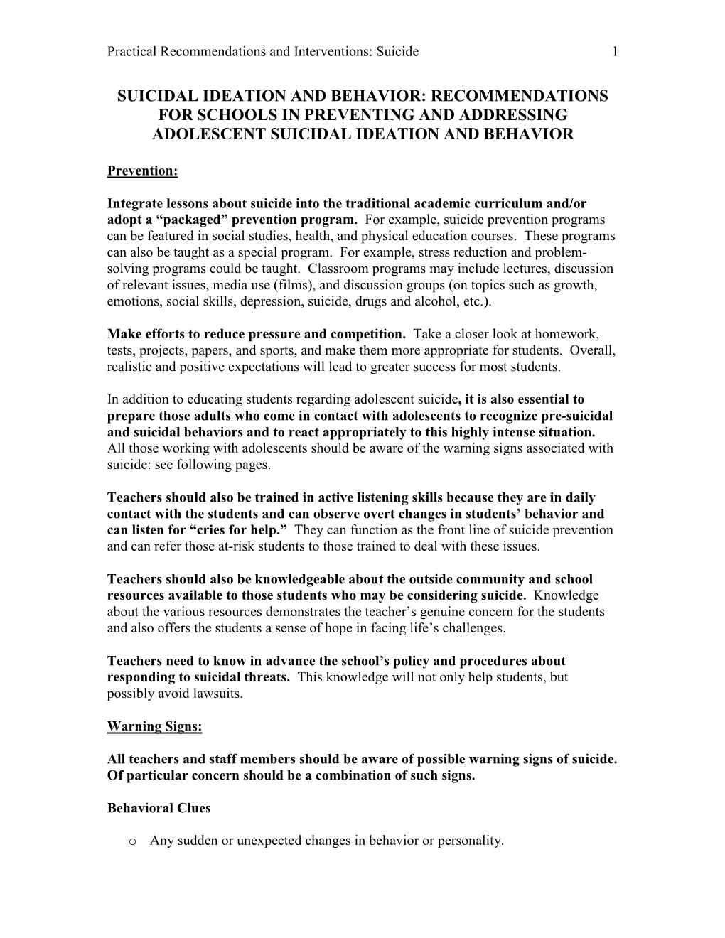 Suicidal Ideation and Behavior: Recommendations for Schools in Preventing and Addressing Adolescent Suicidal Ideation and Behavior