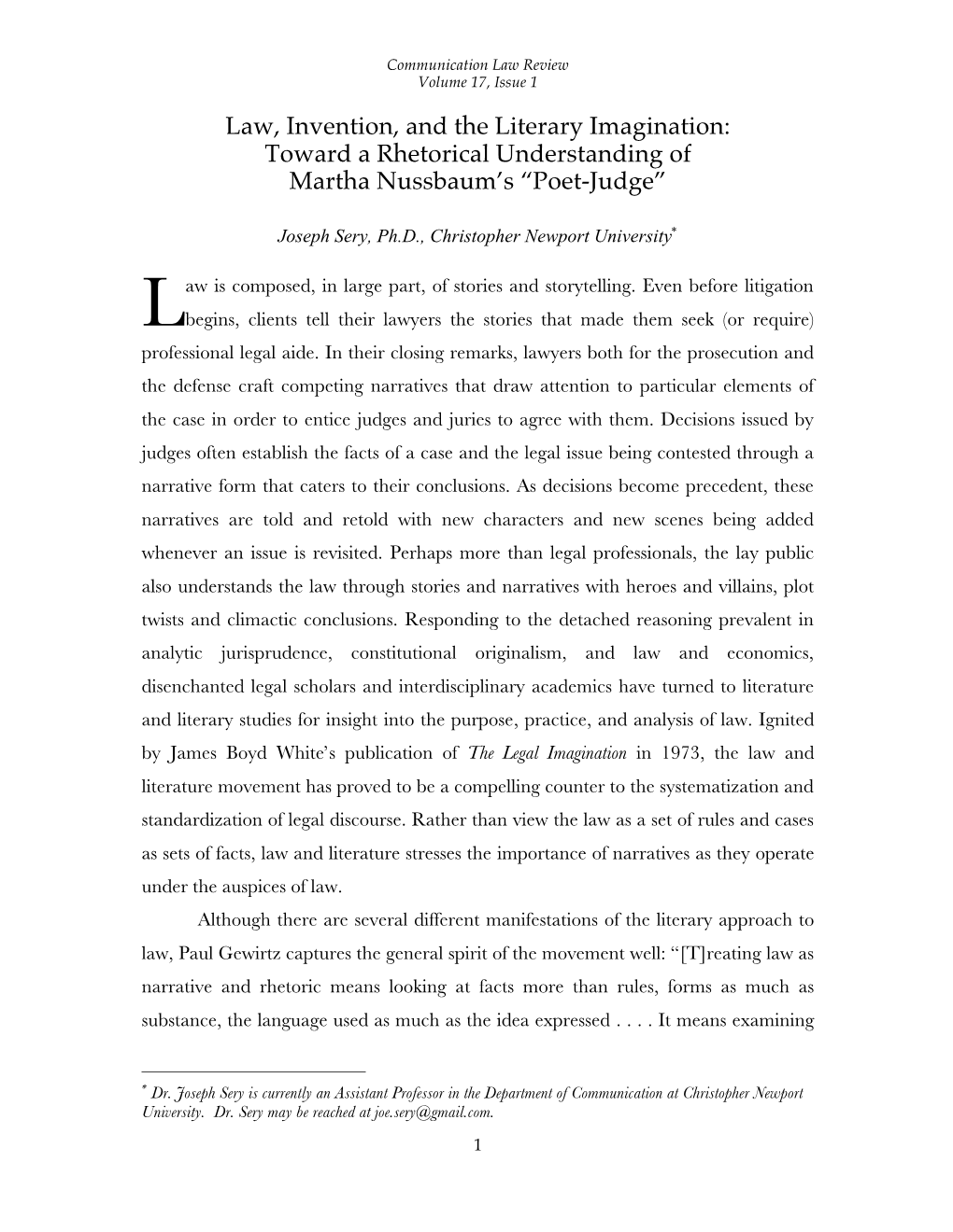 Law, Invention, and the Literary Imagination: Toward a Rhetorical Understanding of Martha Nussbaum’S “Poet-Judge”