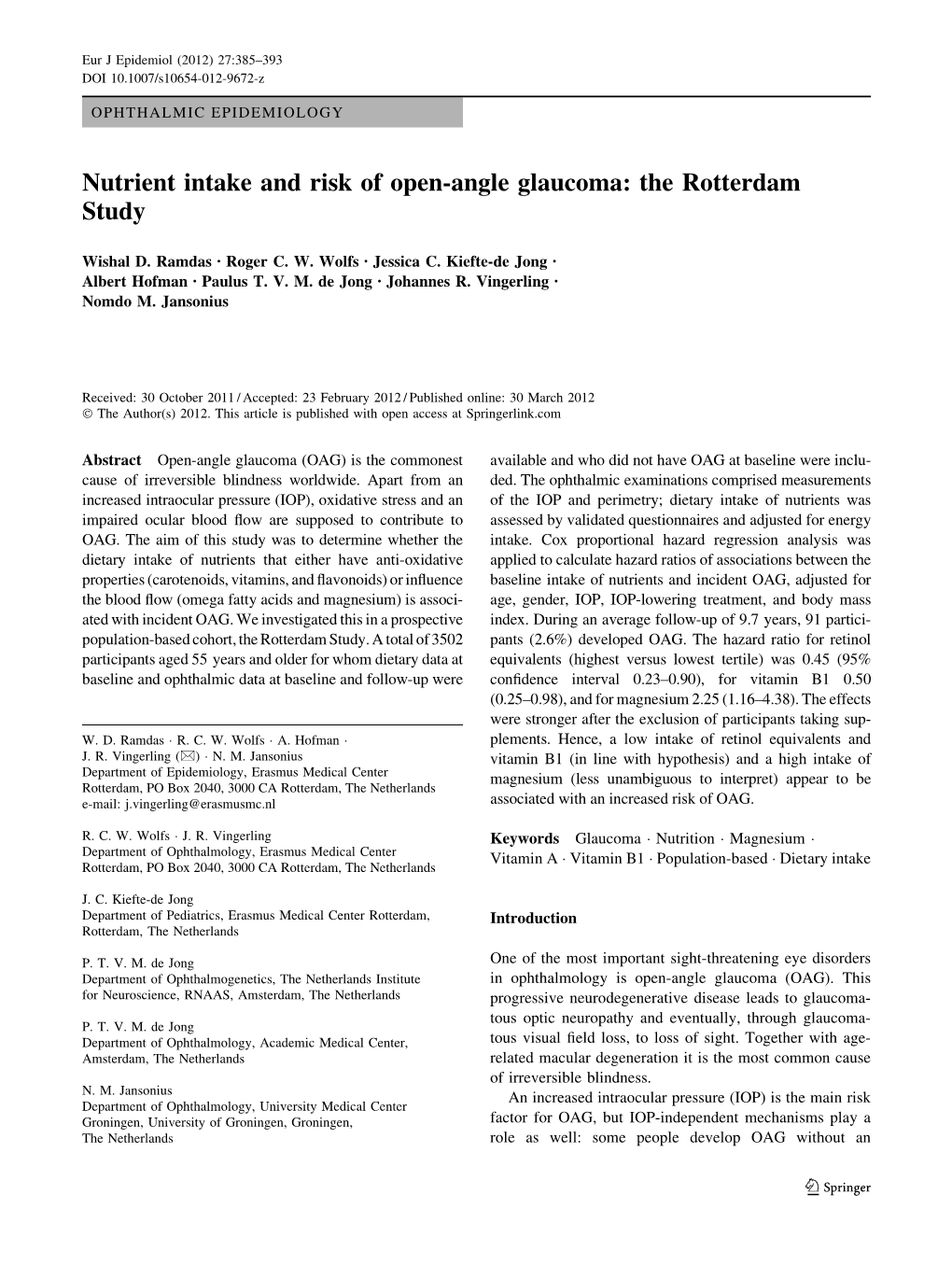 Nutrient Intake and Risk of Open-Angle Glaucoma: the Rotterdam Study