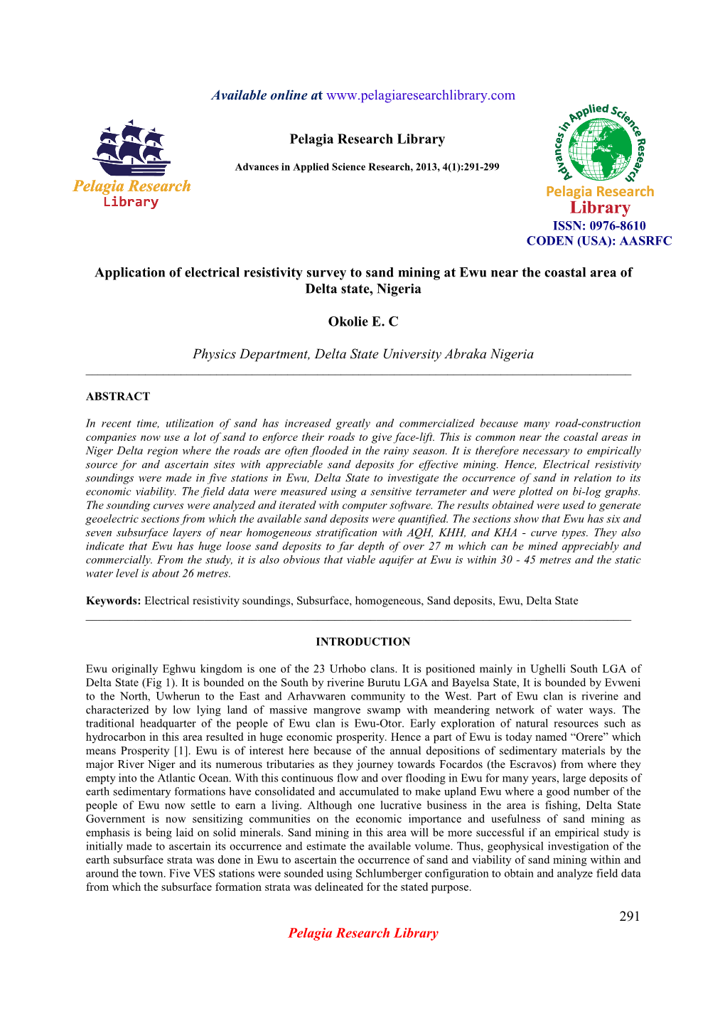 Application of Electrical Resistivity Survey to Sand Mining at Ewu Near the Coastal Area of Delta State, Nigeria