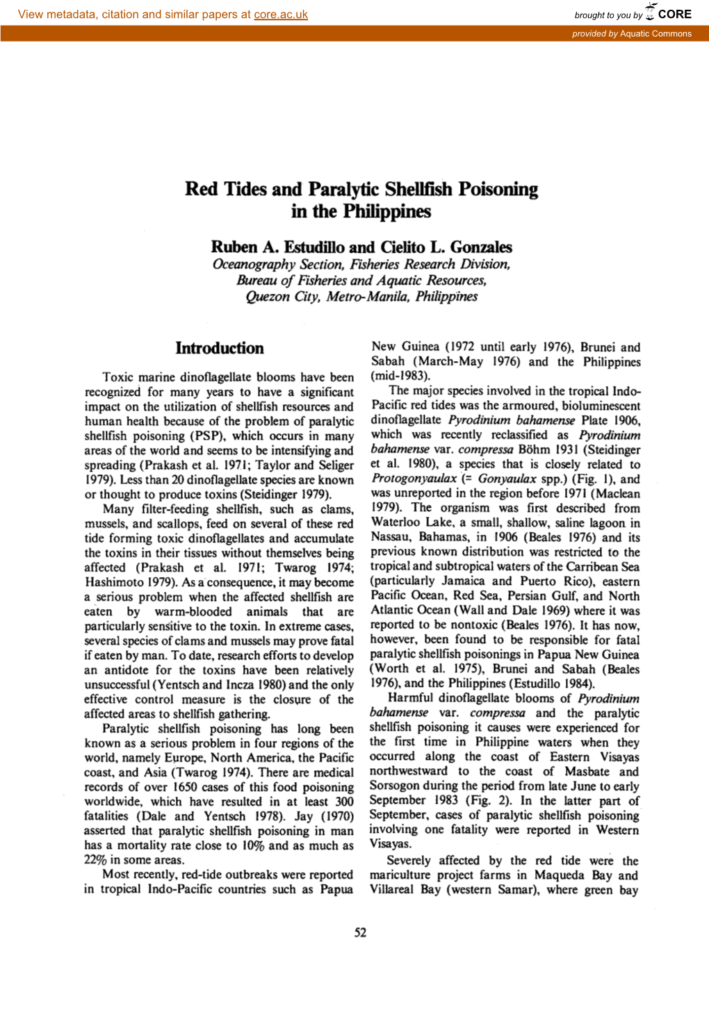 Red Tides and Paralytic Shellfish Poisoning in the Philippines