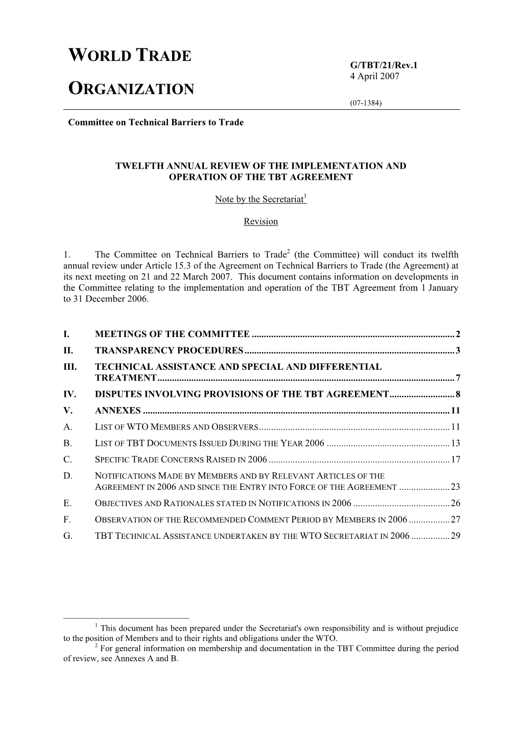 G/TBT/21/Rev.1 4 April 2007 ORGANIZATION (07-1384) Committee on Technical Barriers to Trade