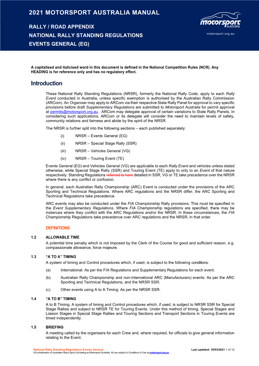 2021 National Rally Standing Regulations