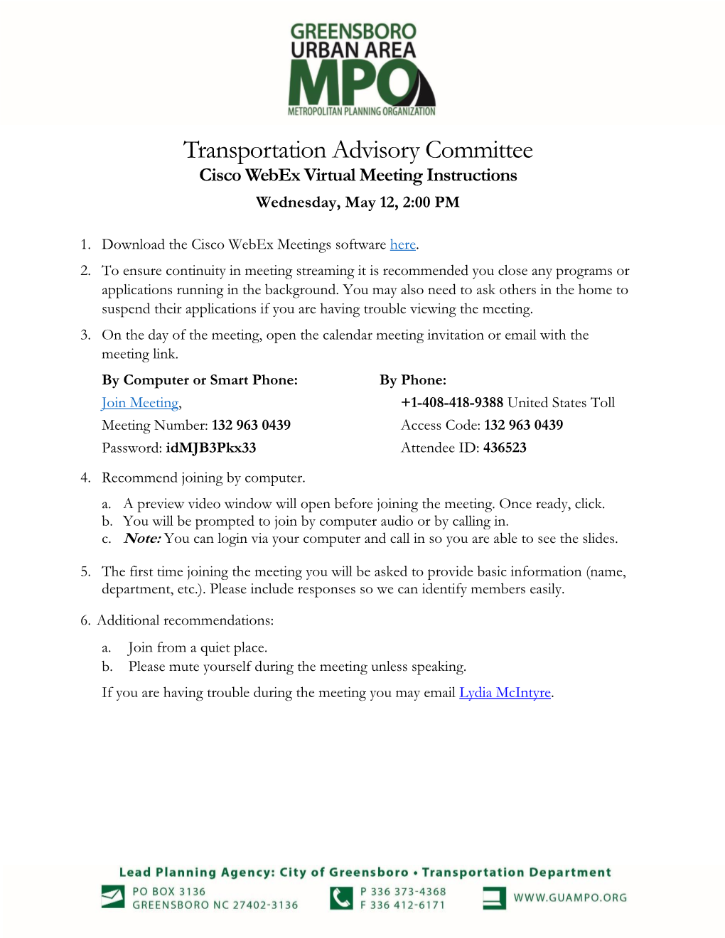 Transportation Advisory Committee Cisco Webex Virtual Meeting Instructions Wednesday, May 12, 2:00 PM