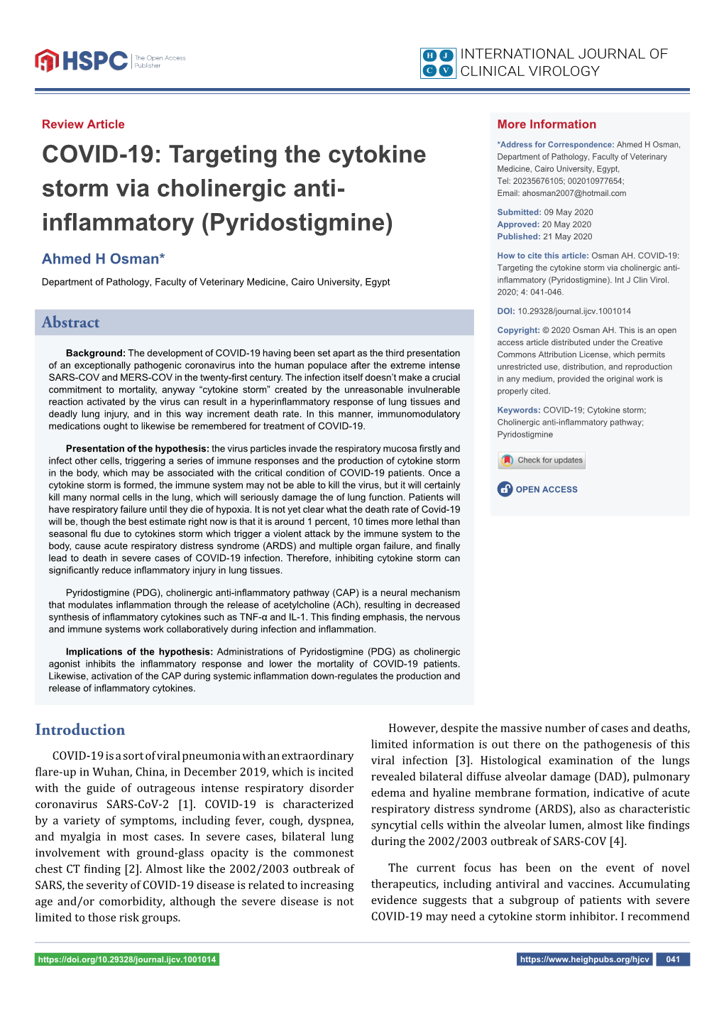 COVID-19: Targeting the Cytokine Storm Via Cholinergic Anti