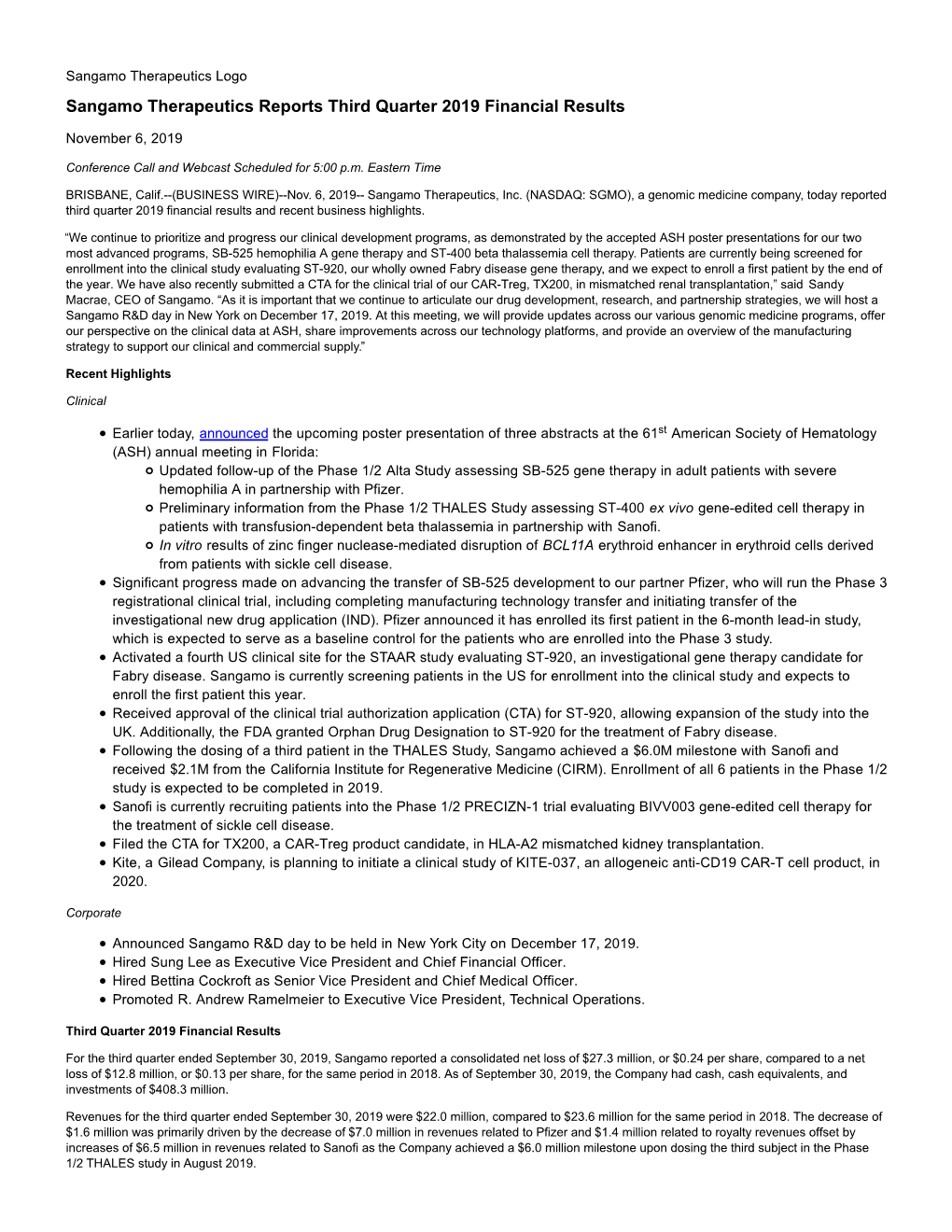 Sangamo Therapeutics Reports Third Quarter 2019 Financial Results