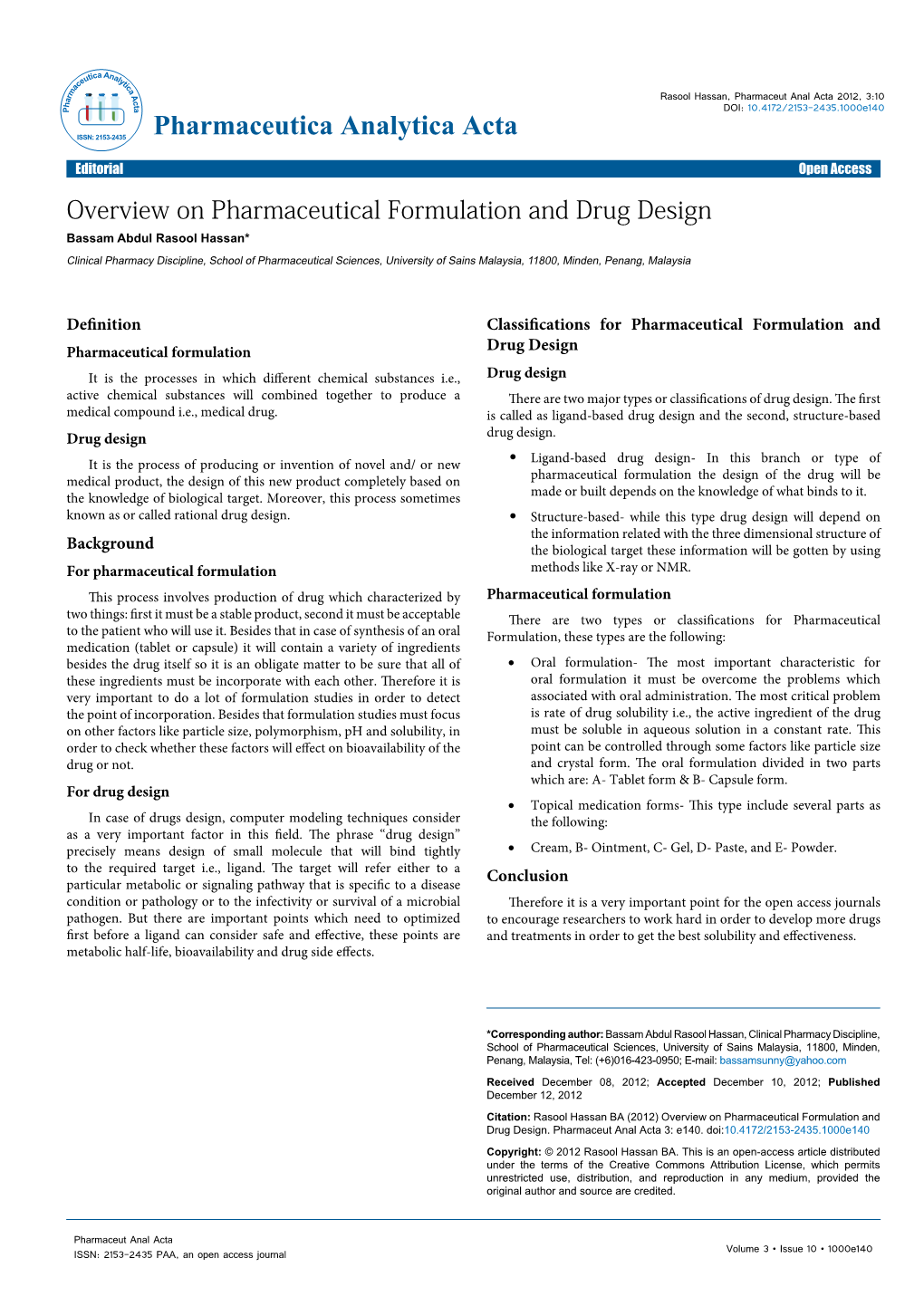 Overview on Pharmaceutical Formulation and Drug Design