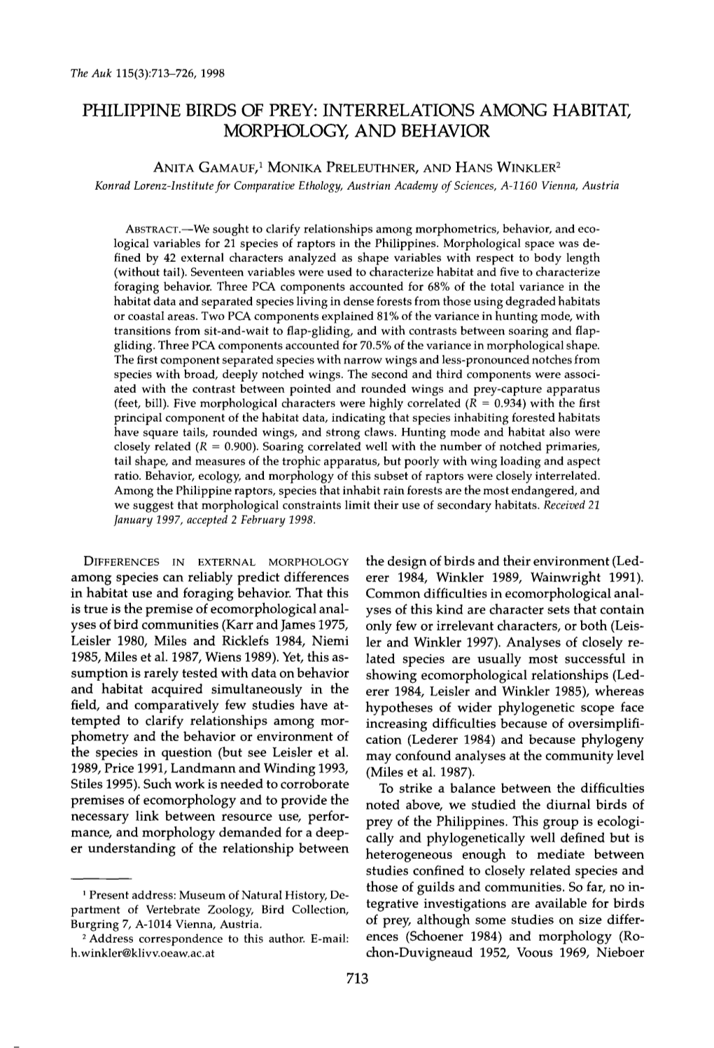 Philippine Birds of Prey: Interrelations Among Habitat, Morphology, and Behavior