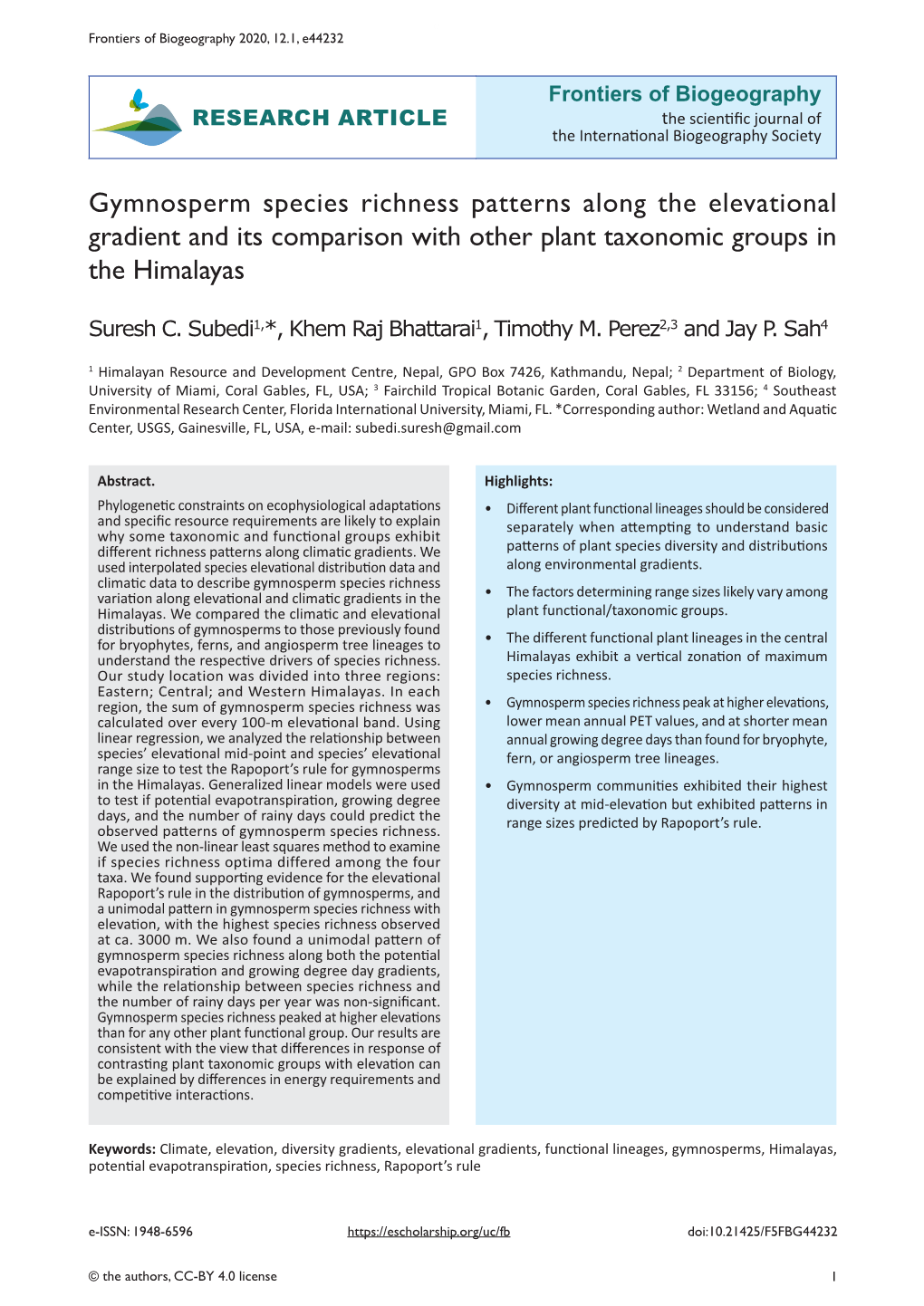 Gymnosperm Species Richness Patterns Along the Elevational Gradient and Its Comparison with Other Plant Taxonomic Groups in the Himalayas