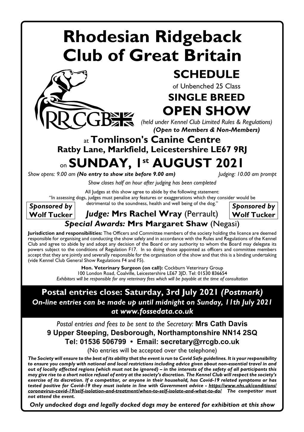 Rhodesian Ridgeback Club of Great Britain SCHEDULE