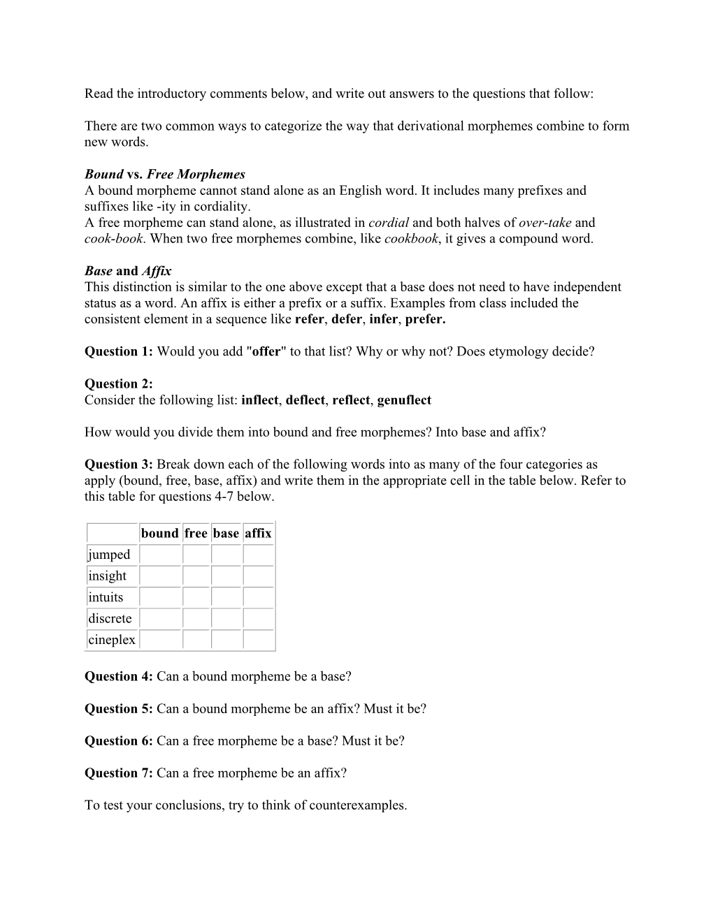 Free and Bound Morphemes