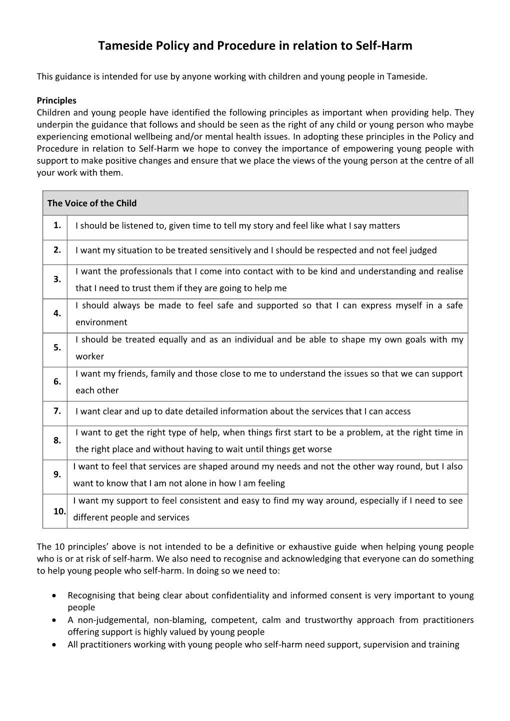 Tameside Policy and Procedure in Relation to Self-Harm