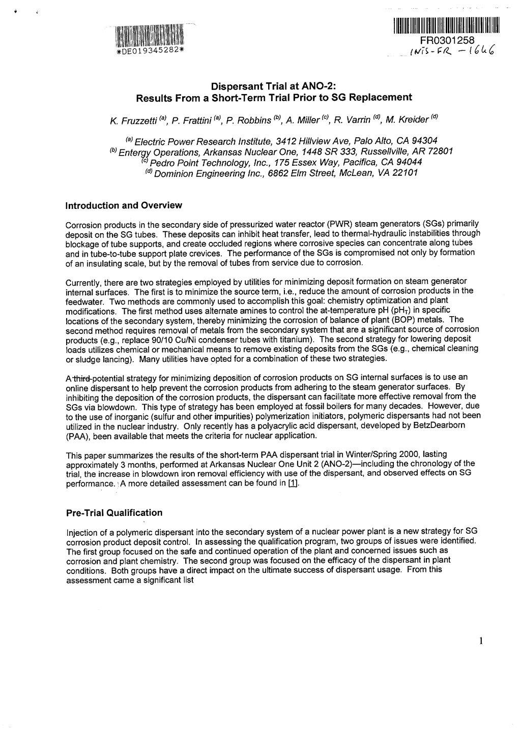 Dispersant Trial at ANO-2: Results from a Short-Term Trial Prior to SG Replacement