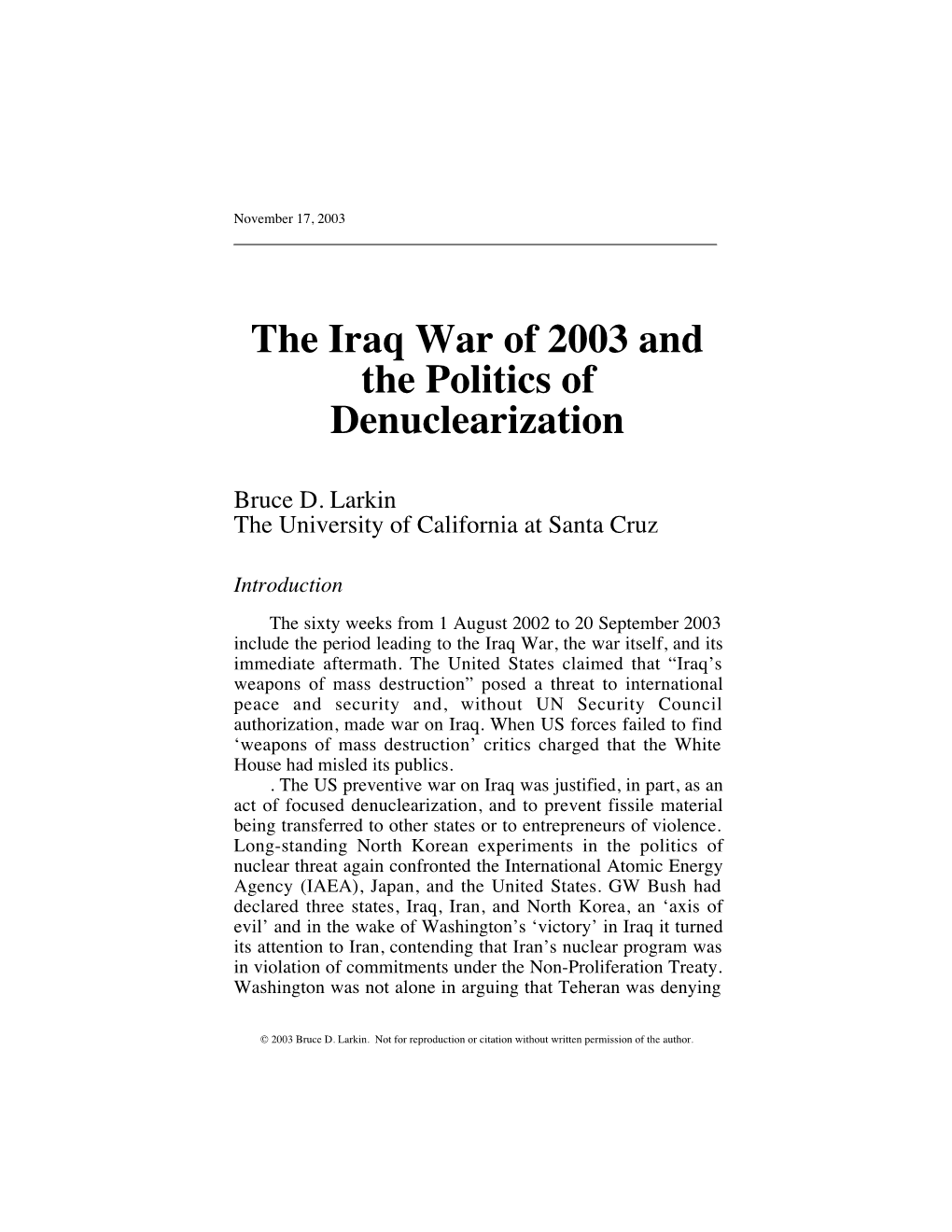 The Iraq War of 2003 and the Politics of Denuclearization