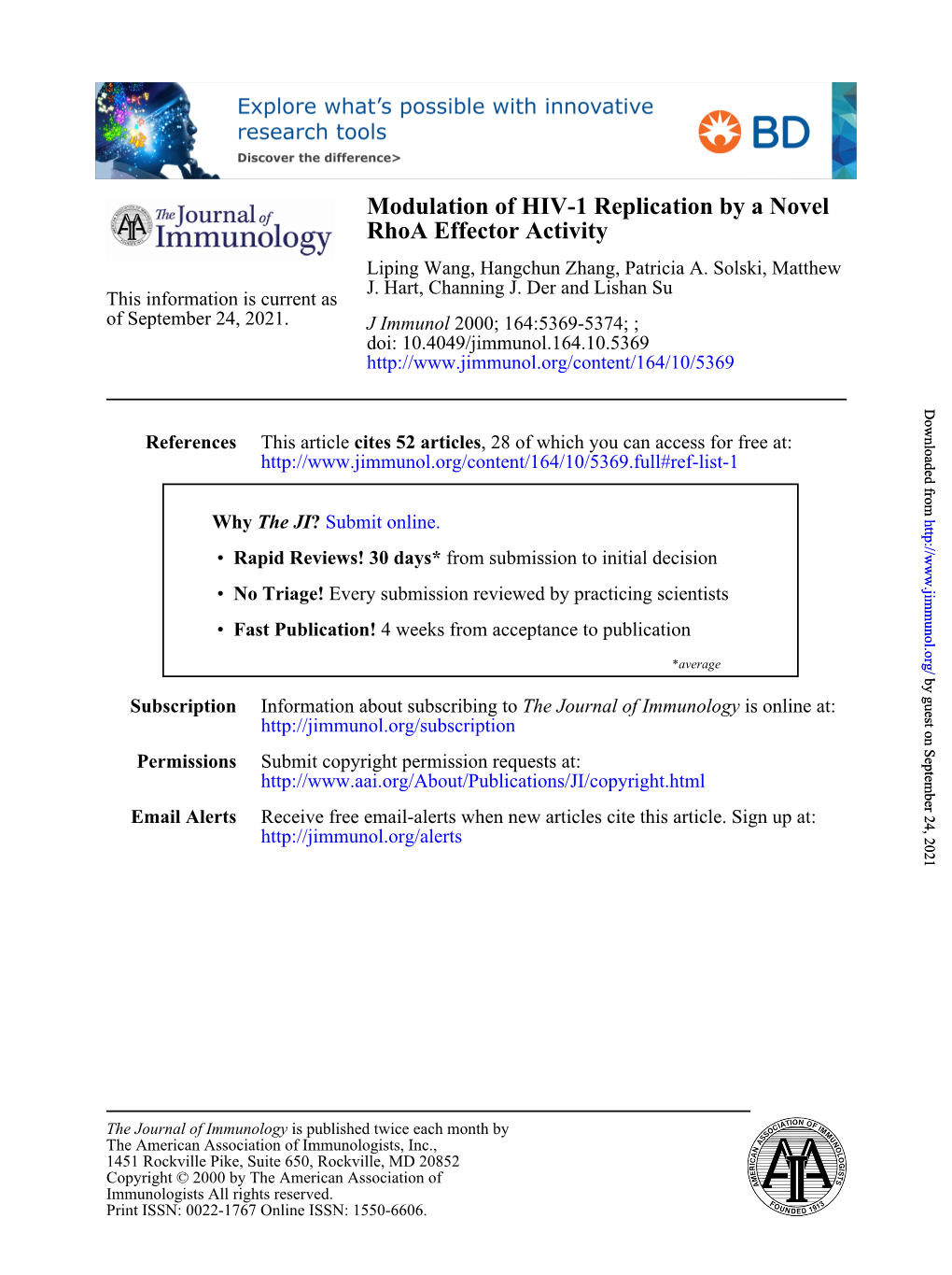 Rhoa Effector Activity Modulation of HIV-1 Replication by a Novel