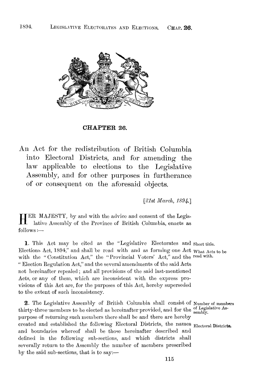 An Act for the Redistribution of British Columbia Into Electoral Districts