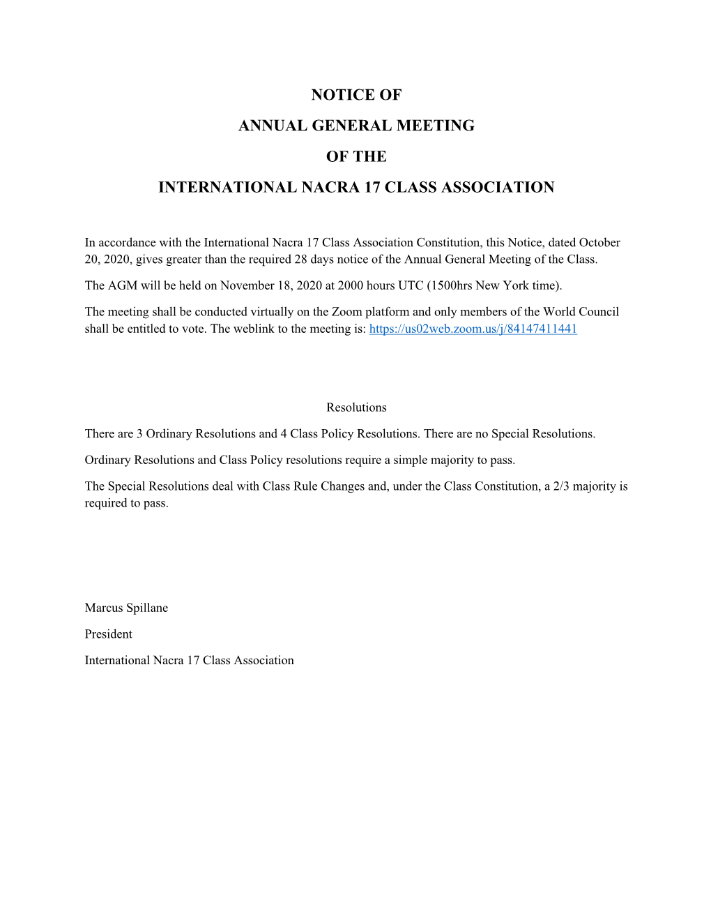 Notice of Annual General Meeting of the International Nacra 17 Class Association