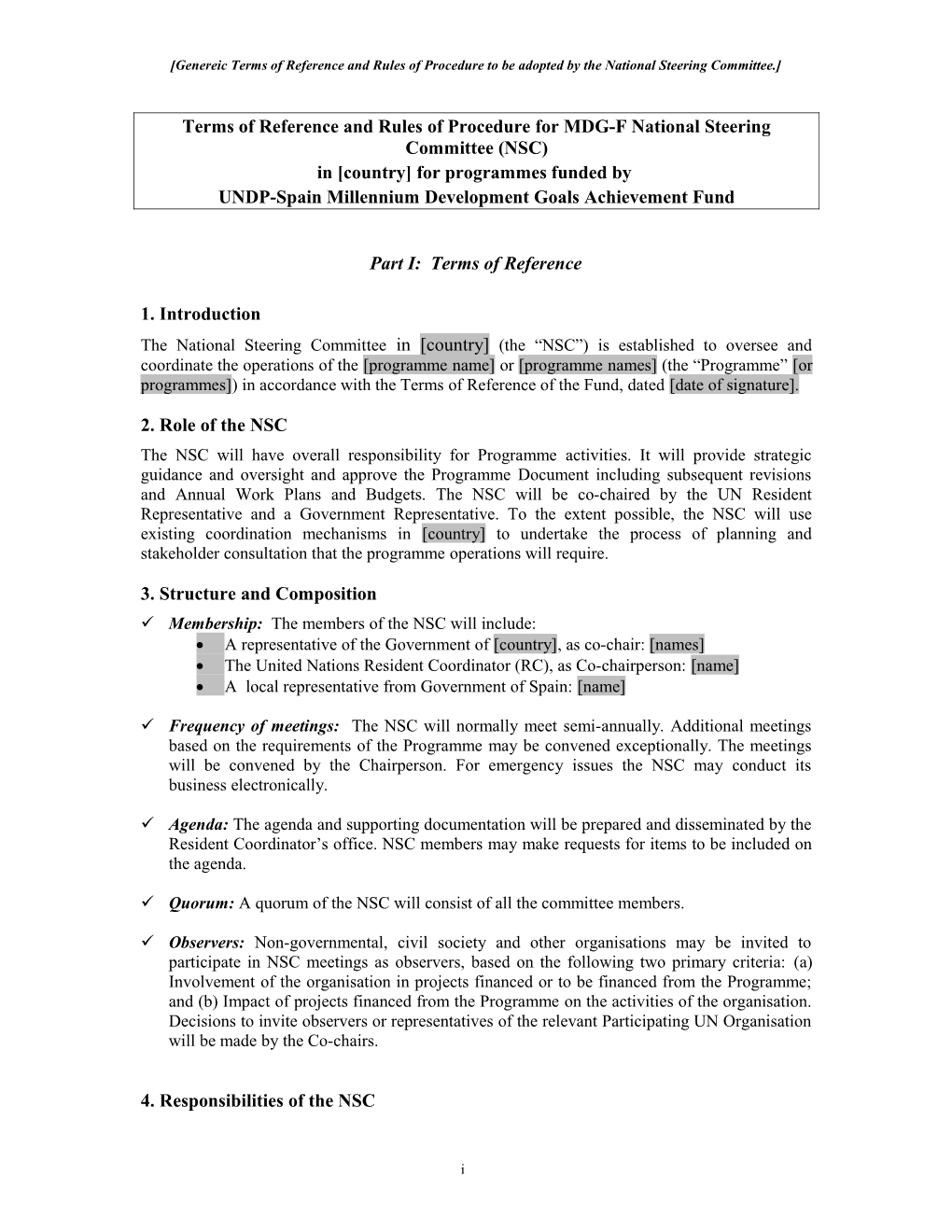 Terms of Reference and Rules of Procedure for MDG-F National Steering Committee (NSC)