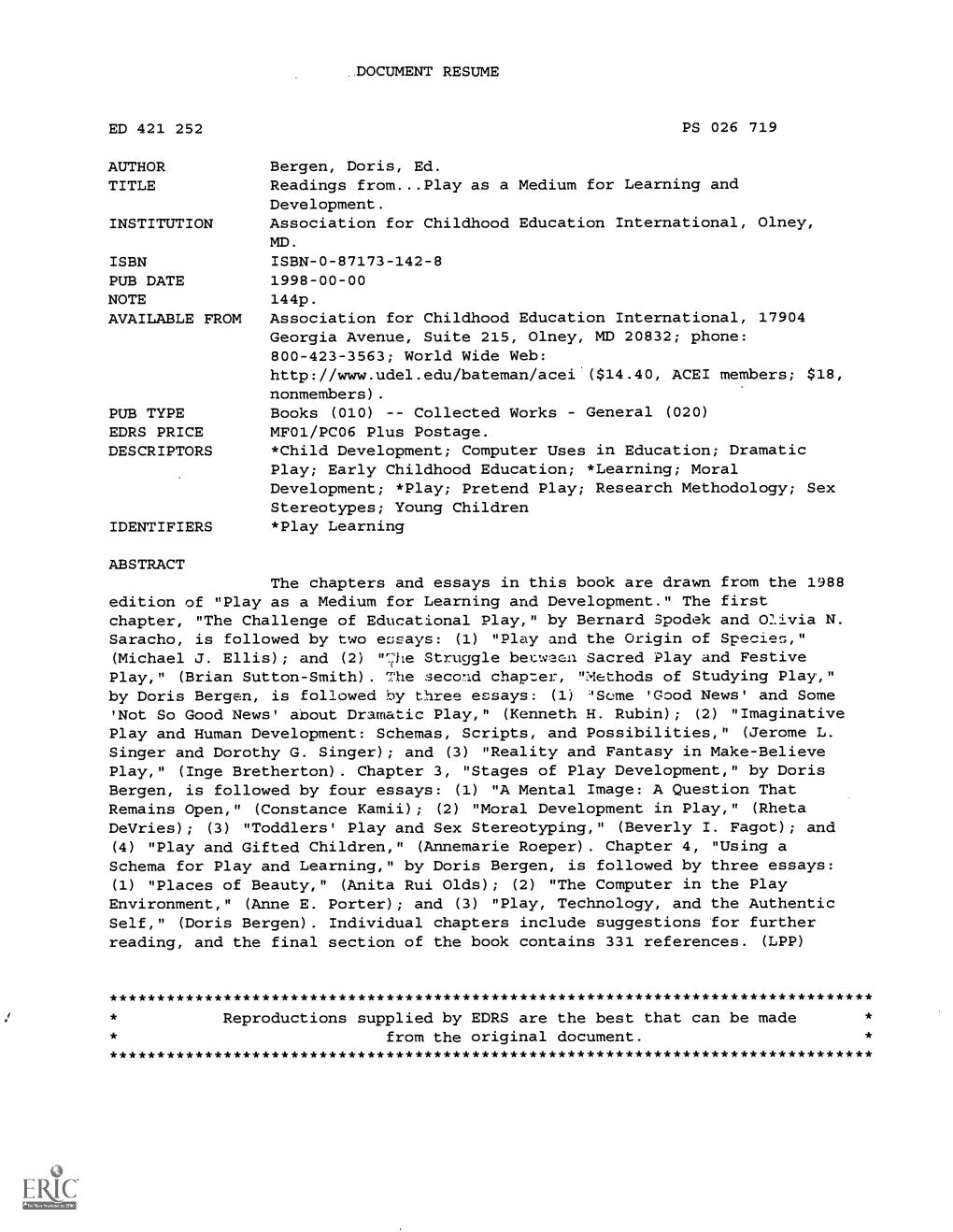 Readings from Play As a Medium for Learning and Development / Edited by Doris Bergen