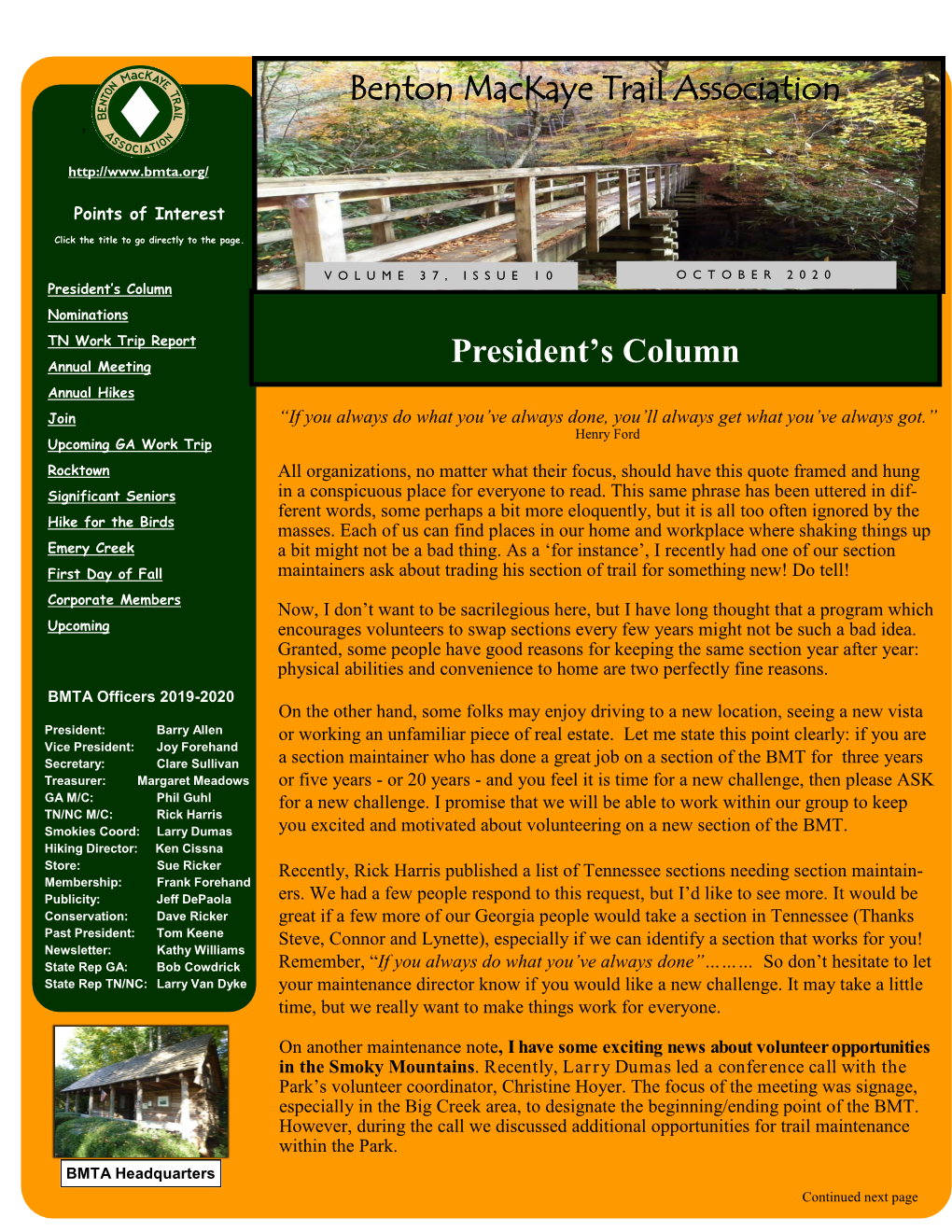 President's Column Benton Mackaye Trail Association