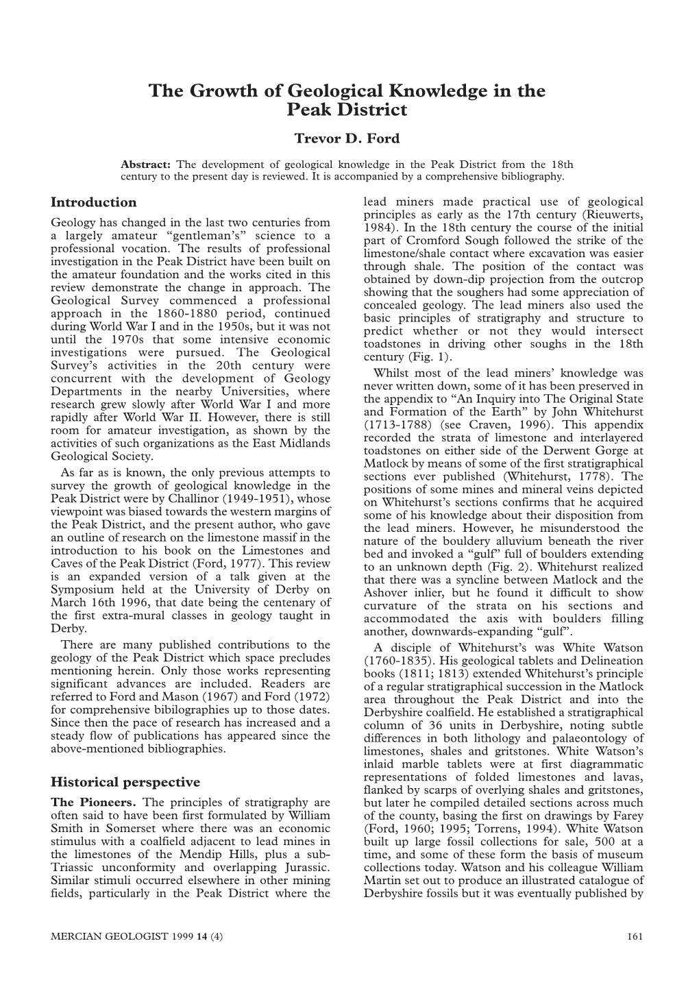 The Growth of Geological Knowledge in the Peak District Trevor D