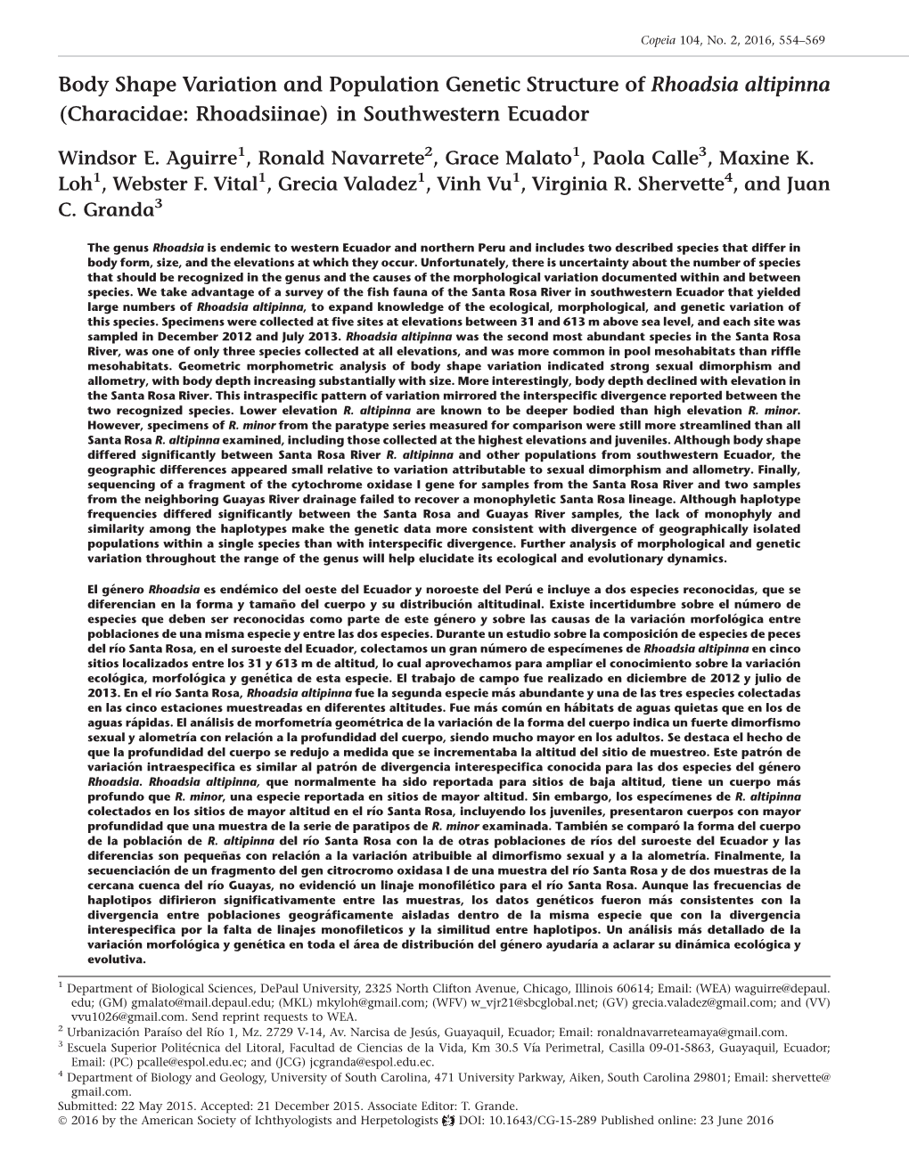 Body Shape Variation and Population Genetic Structure of Rhoadsia Altipinna (Characidae: Rhoadsiinae) in Southwestern Ecuador