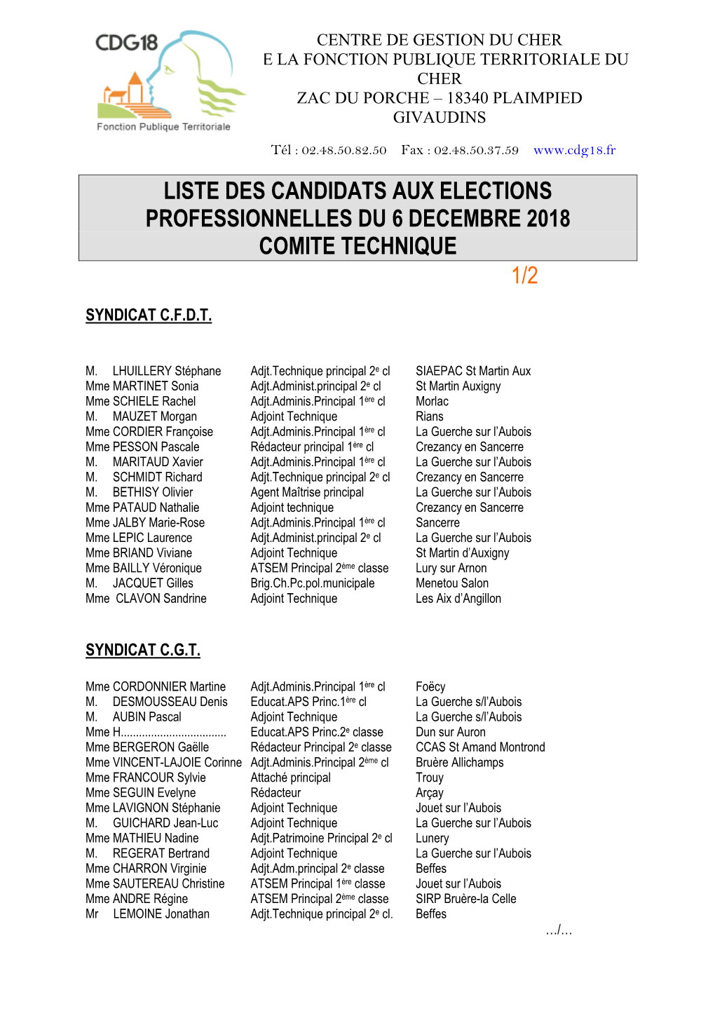 Liste Comité Technique Par Syndicats