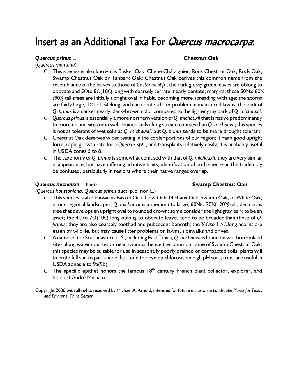 Insert As an Additional Taxa for Quercus Macrocarpa