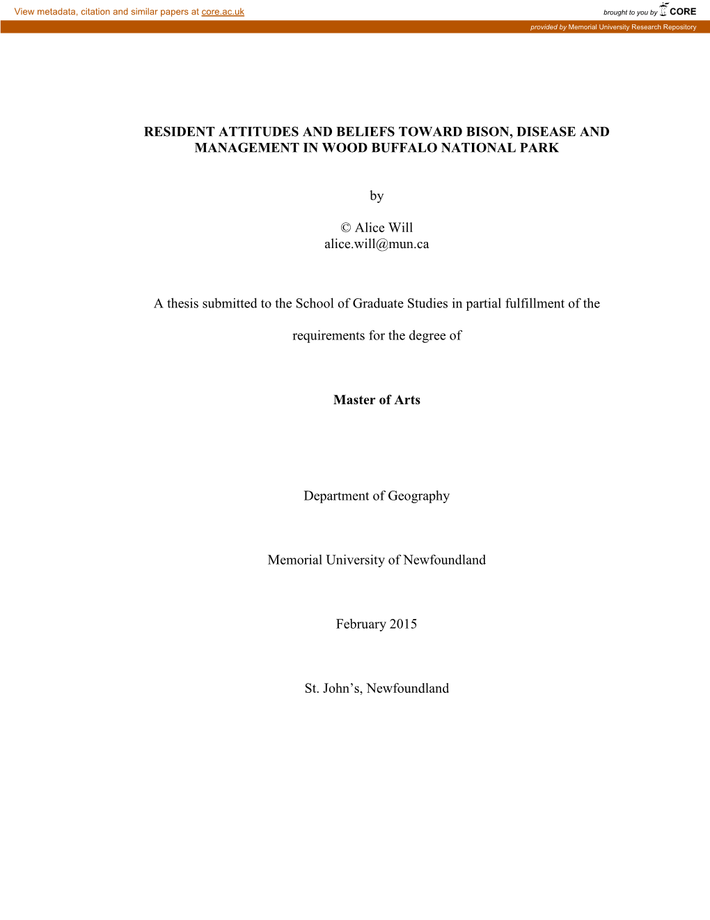 Resident Attitudes and Beliefs Toward Bison, Disease and Management in Wood Buffalo National Park