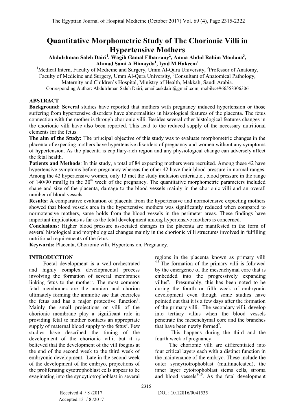 Quantitative Morphometric Study of the Chorionic Villi in Hypertensive