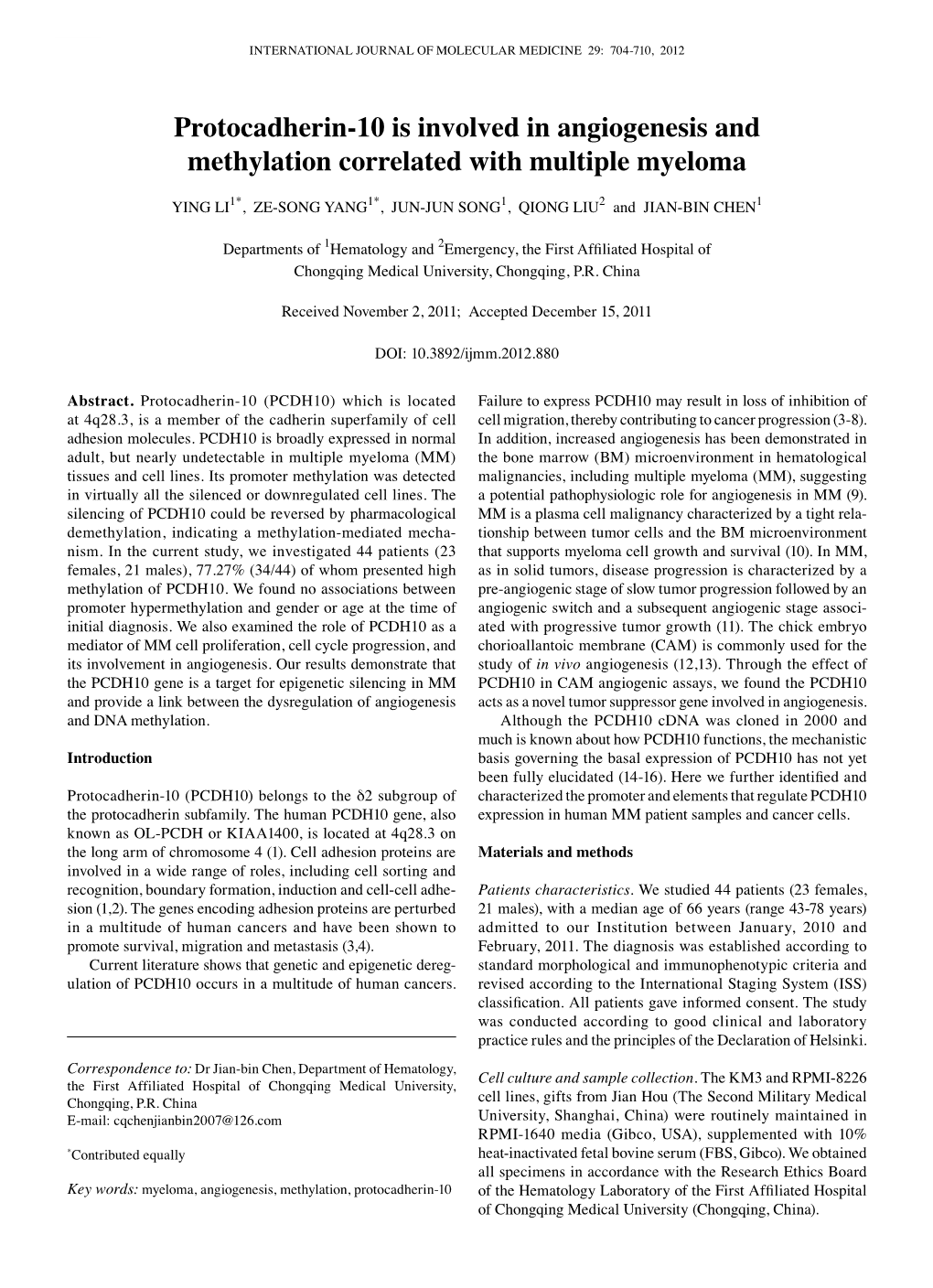 Protocadherin-10 Is Involved in Angiogenesis and Methylation Correlated with Multiple Myeloma