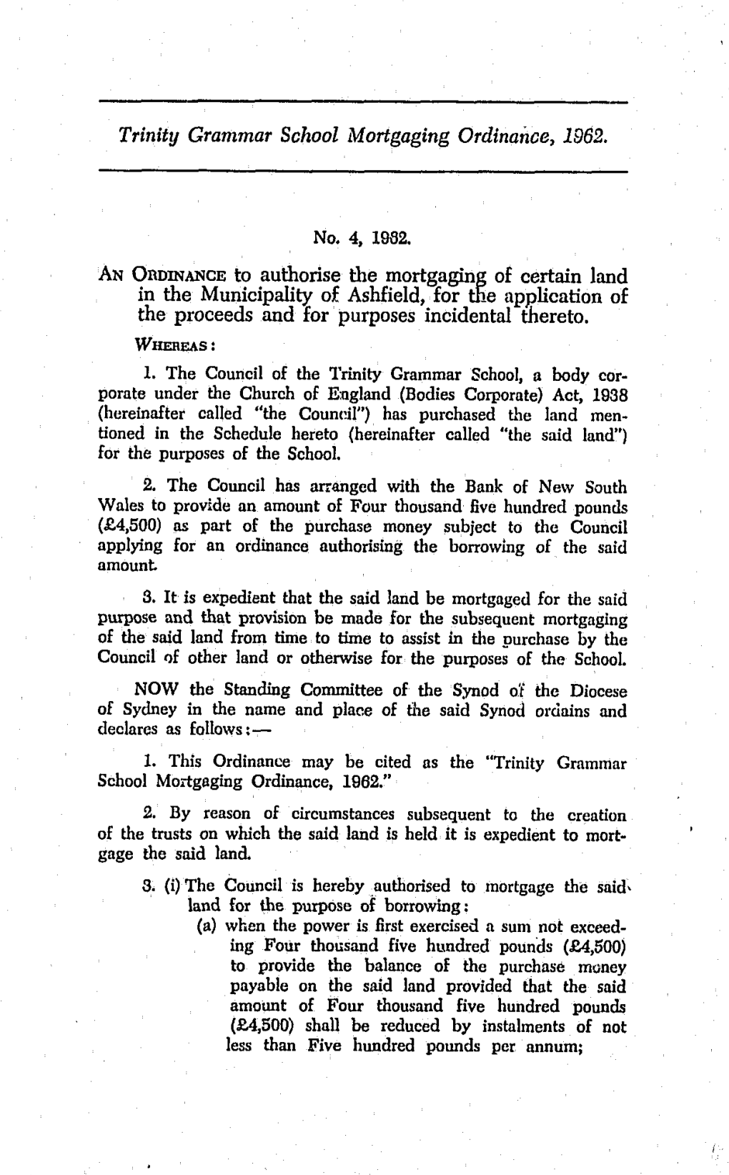 Trinity Grammar School Mortgaging Ordinance 1962