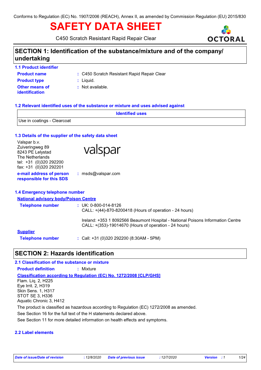 SAFETY DATA SHEET C450 Scratch Resistant Rapid Repair Clear