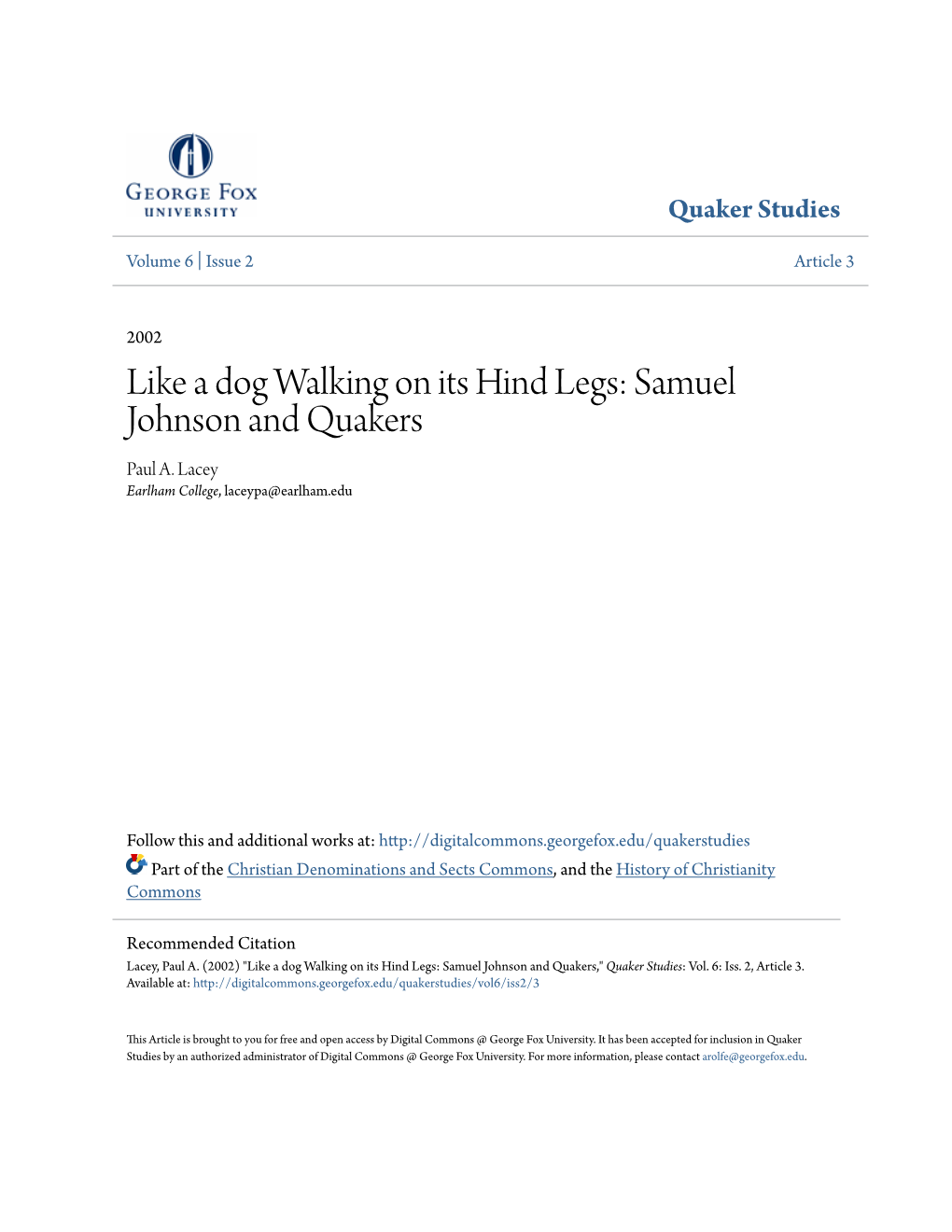 Like a Dog Walking on Its Hind Legs: Samuel Johnson and Quakers Paul A