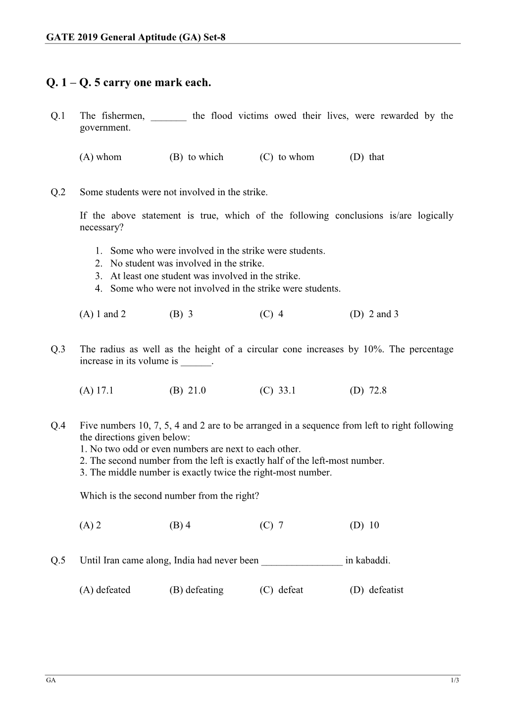 GATE 2019 General Aptitude (GA) Set-8