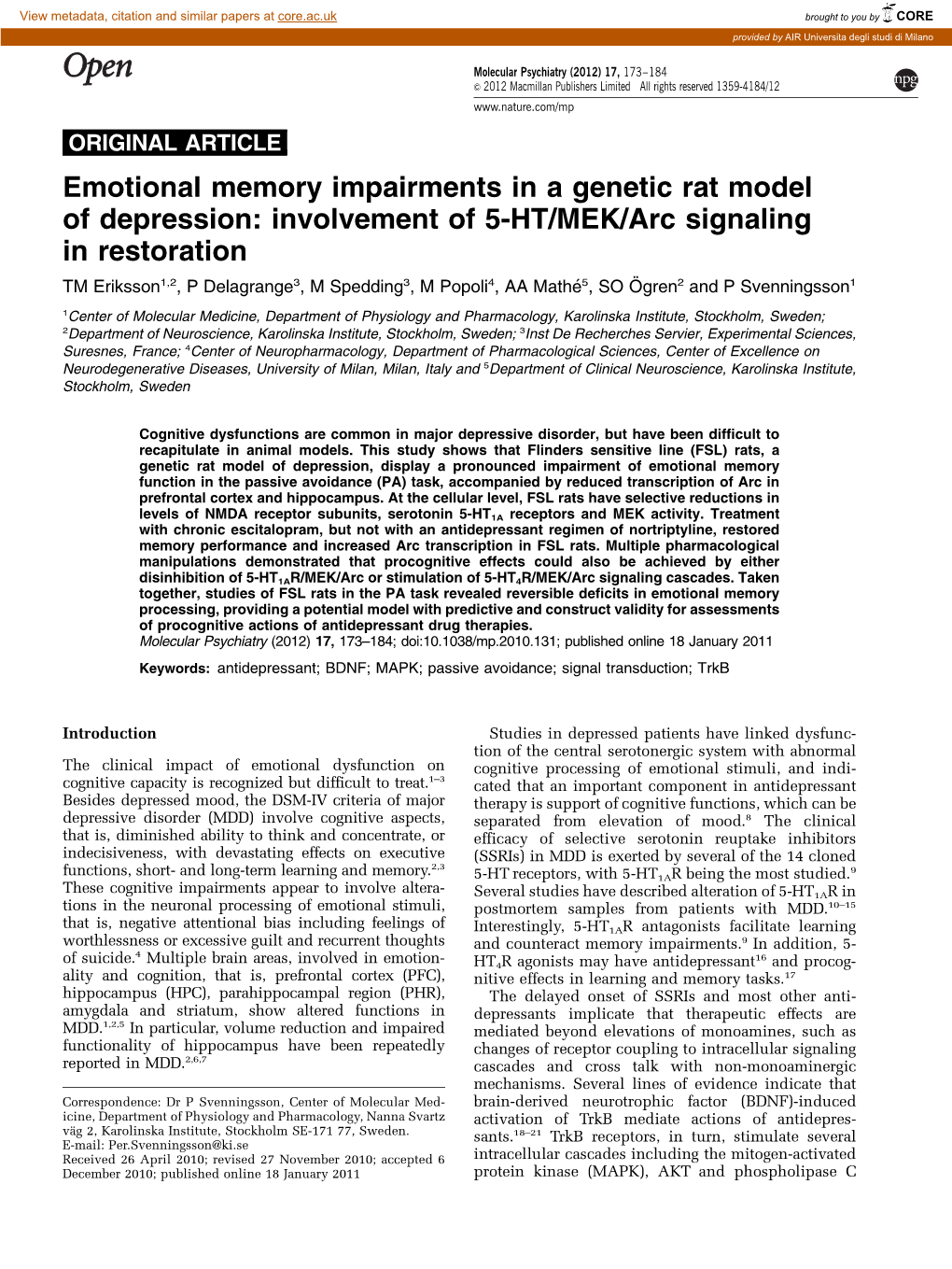 Emotional Memory Impairments in a Genetic Rat Model of Depression