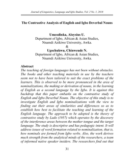 31 the Contrastive Analysis of English and Igbo Deverbal Nouns