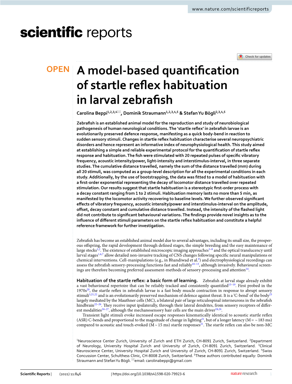 A Model-Based Quantification of Startle Reflex Habituation in Larval Zebrafish