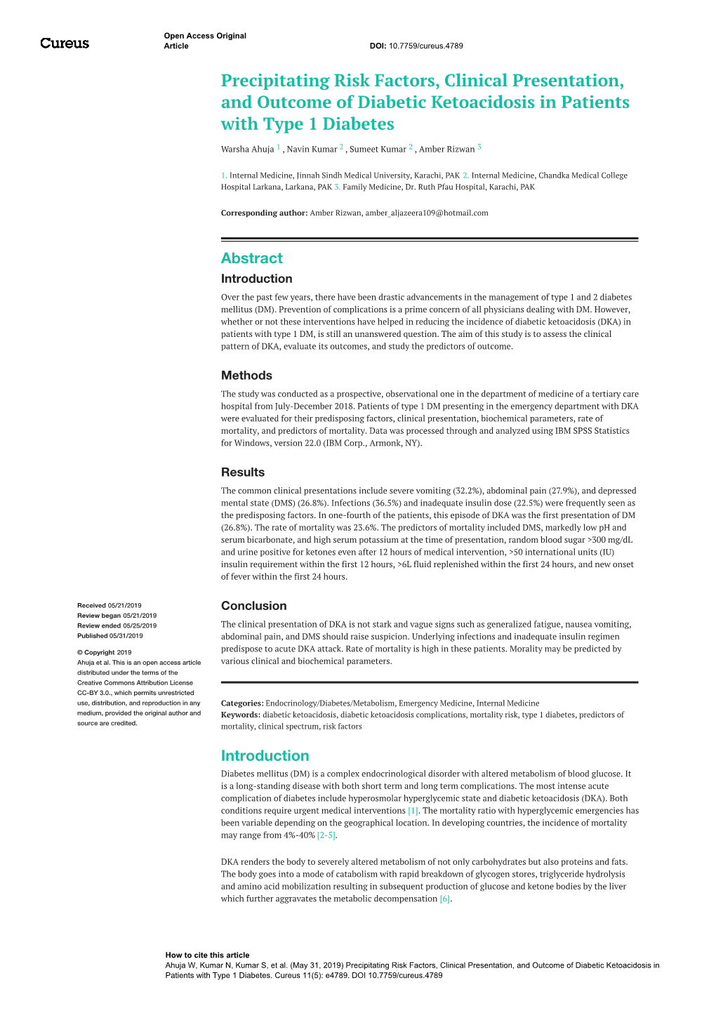 Precipitating Risk Factors, Clinical Presentation, and Outcome of Diabetic Ketoacidosis in Patients with Type 1 Diabetes