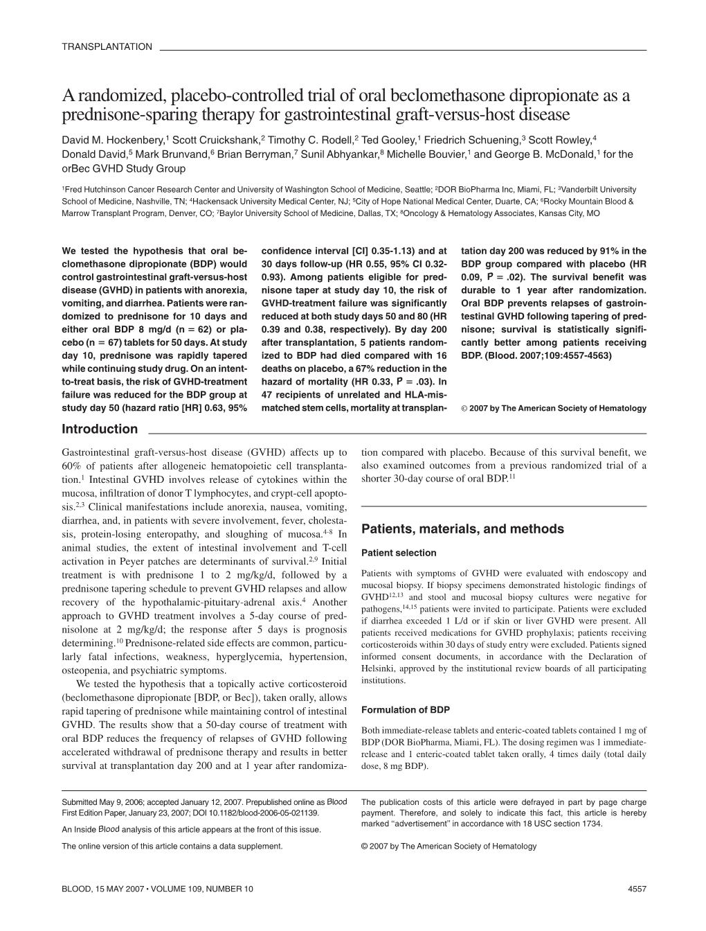 A Randomized, Placebo-Controlled Trial of Oral Beclomethasone Dipropionate As a Prednisone-Sparing Therapy for Gastrointestinal Graft-Versus-Host Disease