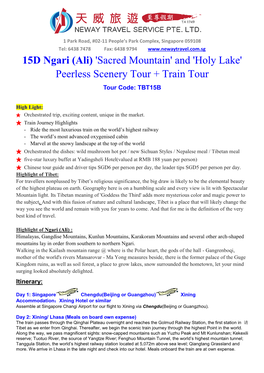 15D Ngari (Ali) 'Sacred Mountain' and 'Holy Lake' Peerless Scenery Tour + Train Tour Tour Code: TBT15B
