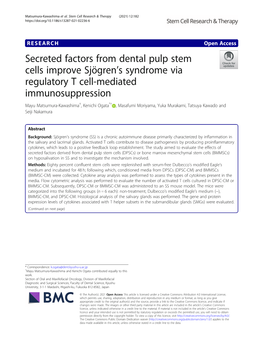 Secreted Factors from Dental Pulp Stem Cells Improve Sjögren's Syndrome Via Regulatory T Cell-Mediated Immunosuppression