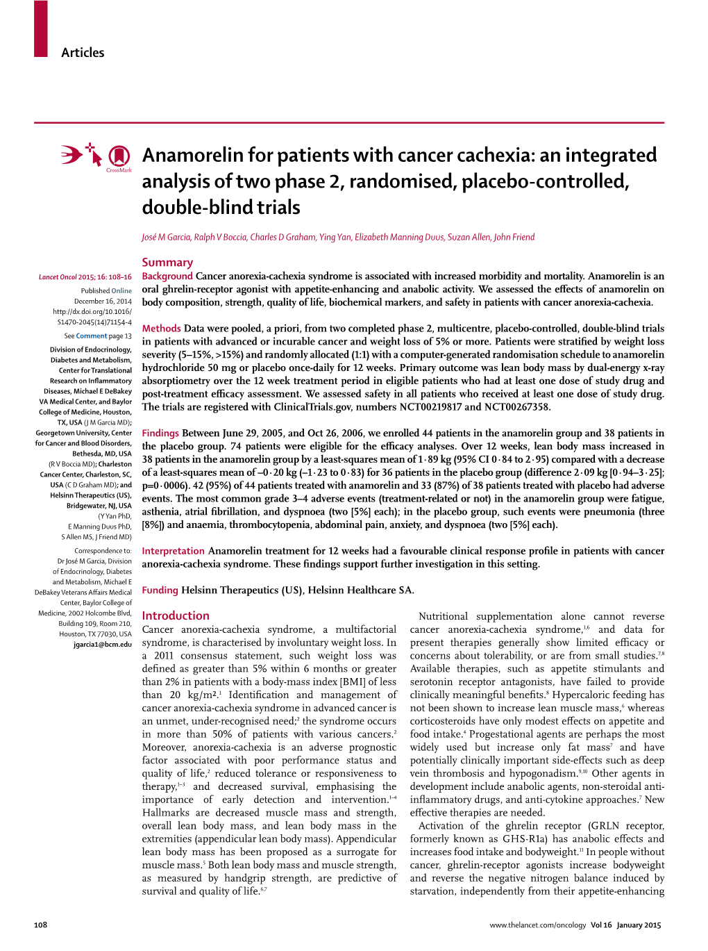Anamorelin for Patients with Cancer Cachexia: an Integrated Analysis of Two Phase 2, Randomised, Placebo-Controlled, Double-Blind Trials