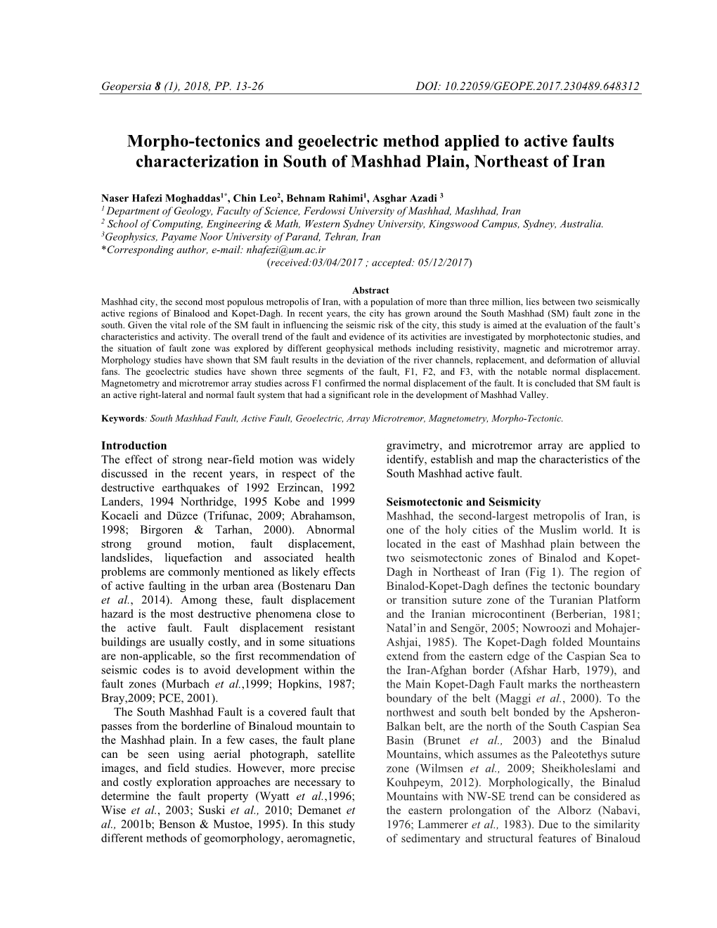 Morpho-Tectonics and Geoelectric Method Applied to Active Faults Characterization in South of Mashhad Plain, Northeast of Iran