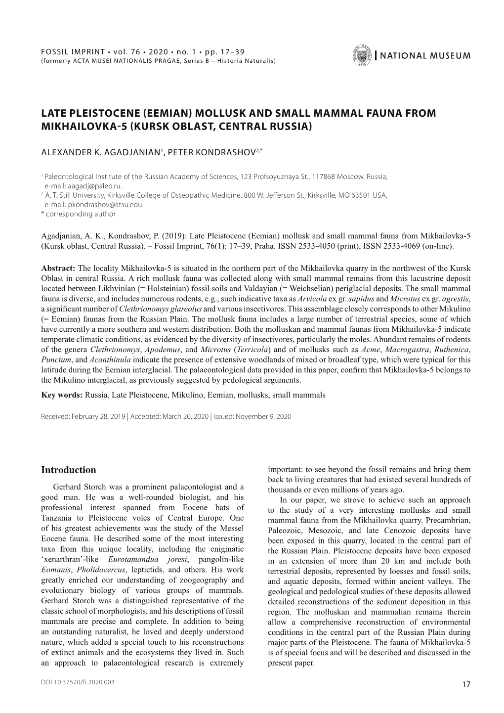 Late Pleistocene (Eemian) Mollusk and Small Mammal Fauna from Mikhailovka-5 (Kursk Oblast, Central Russia)