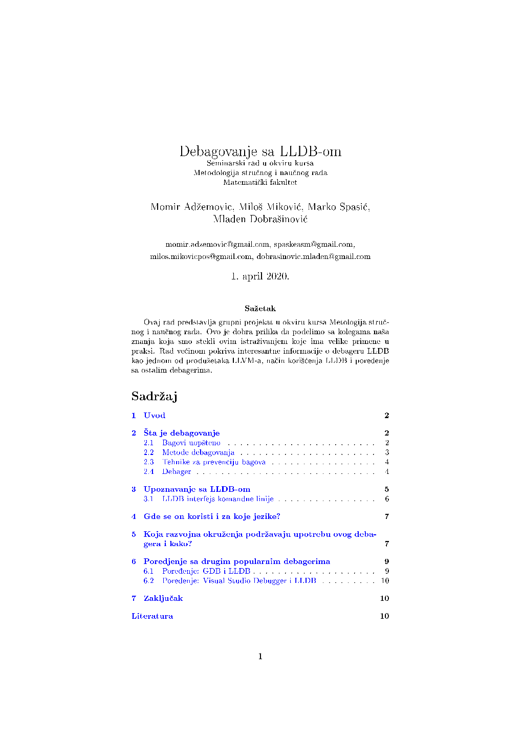 Debagovanje Sa LLDB-Om Seminarski Rad U Okviru Kursa Metodologija Stru£Nog I Nau£Nog Rada Matemati£Ki Fakultet