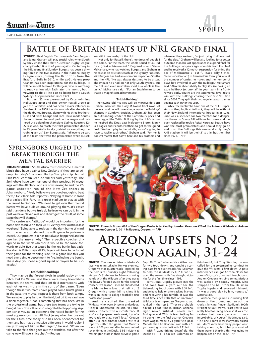 Arizona Upsets No 2 Oregon Again, 31-24